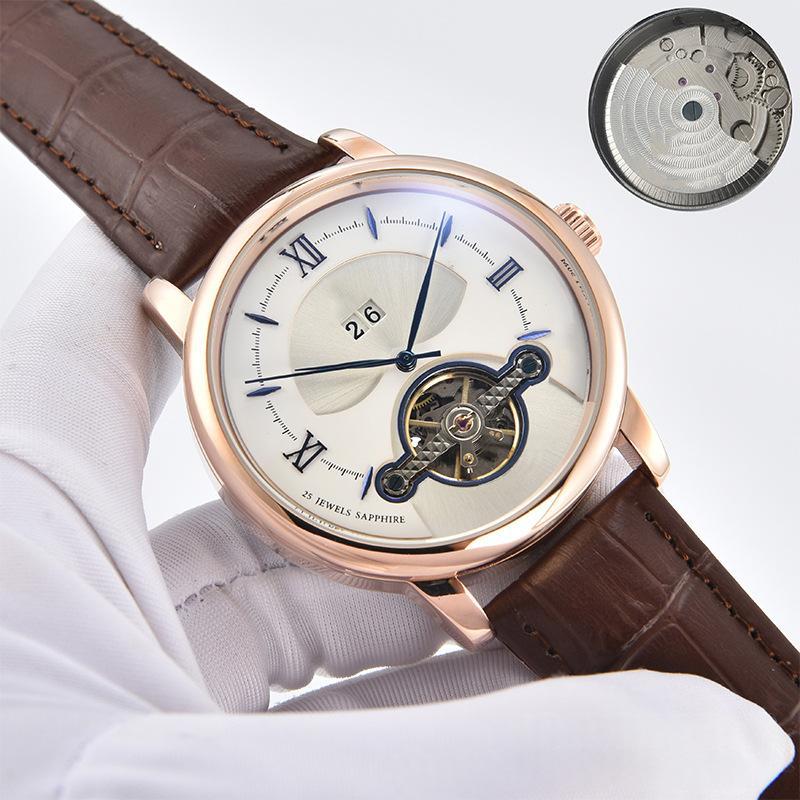 Men's quartz business watch with light dial, rose-gold case, brown leather strap.