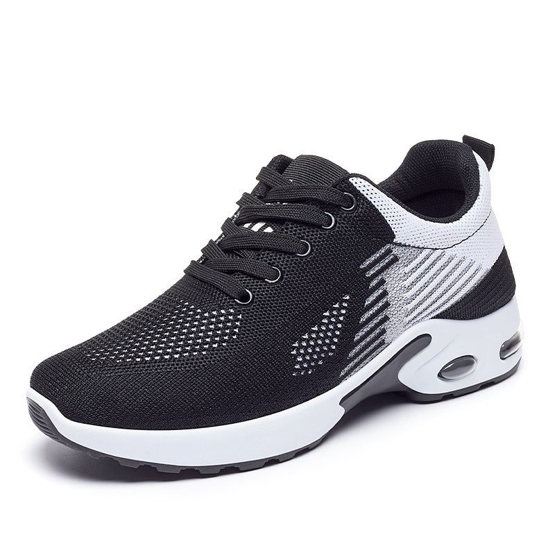 Breathable flyknit running shoe, black and white lace-up with oval air-cushion