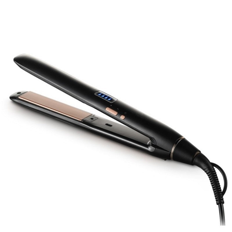 Dual-use hair curler and straightener, black handle with copper-toned plates