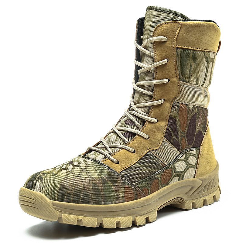 Tactical combat boots, high-top camouflage pattern with ribbed rubber sole and lace-up
