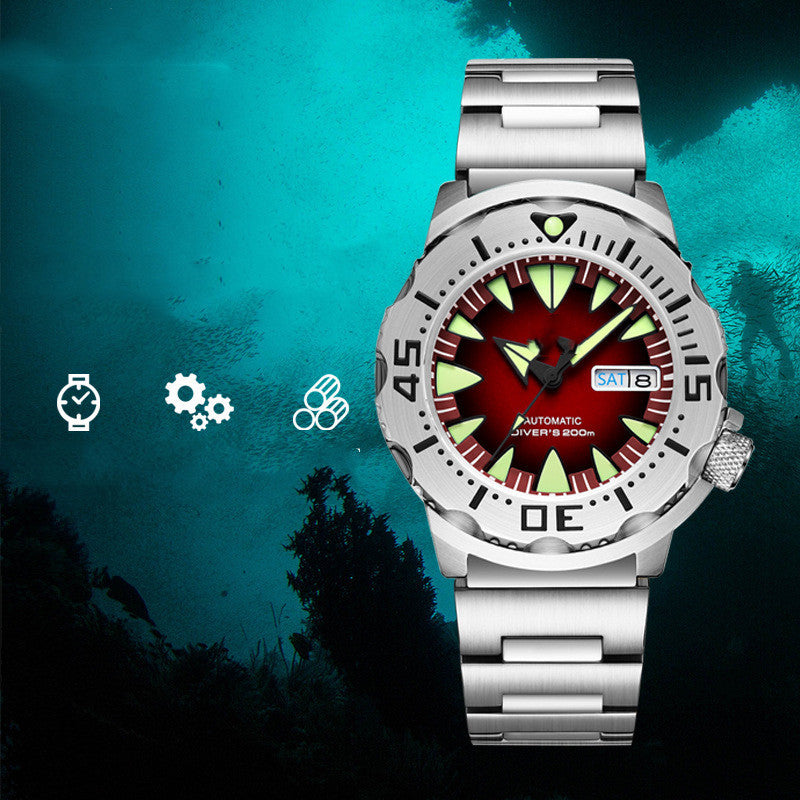 Stainless steel diver watch, dark red luminous dial, date window