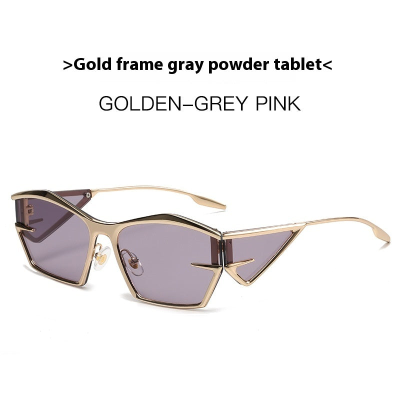 Gold-framed sunglasses with purple-pink tinted lenses and angular full rims