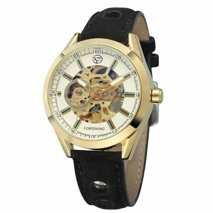 Gold case skeleton mechanical watch with black leather strap, white open dial