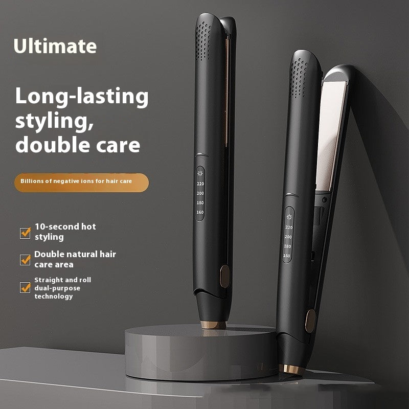 Hair straightener with LCD display, pair of dark gray units with gold-tone plates.
