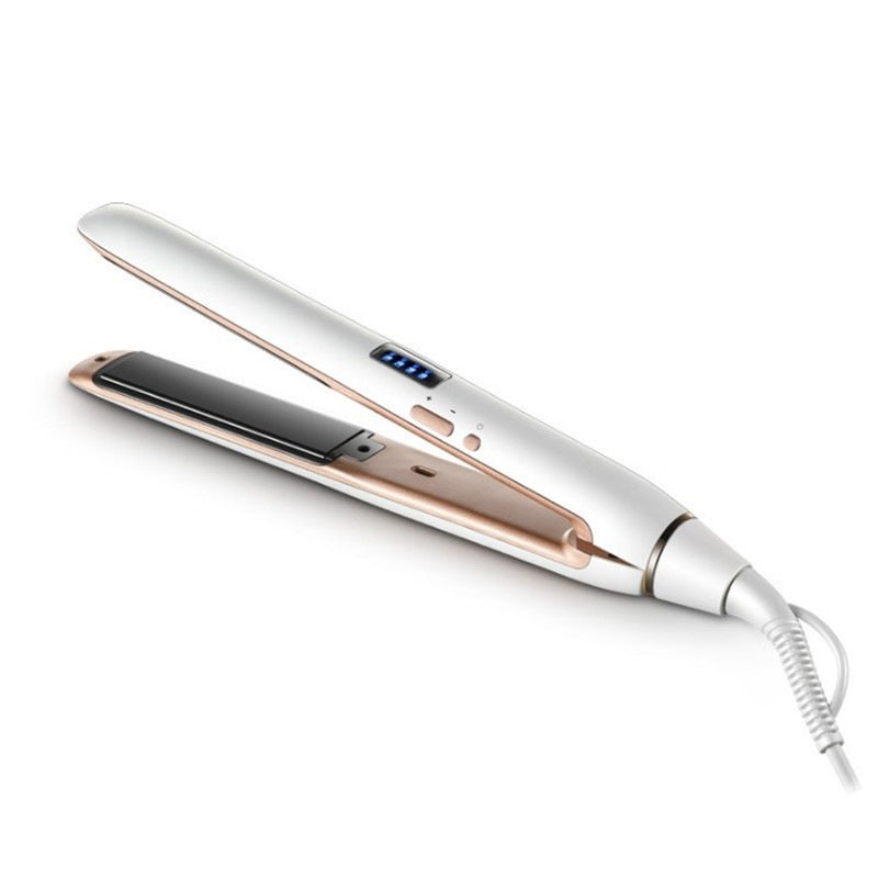 Dual-use hair curler and straightener, white handle with copper-toned plates