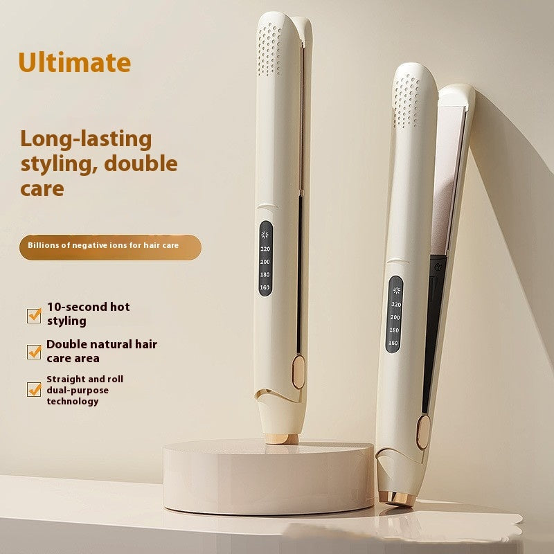 Hair straightener with LCD display, pair of white units with gold-tone plates.