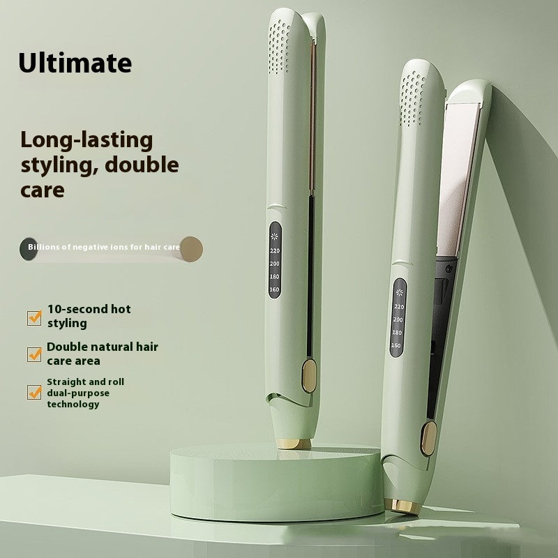 Hair straightener with LCD display, pair in light green and white with gold-tone plates.