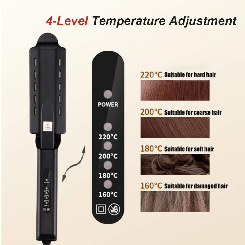 Hair steam straightener with temperature control display, black body with gold strip