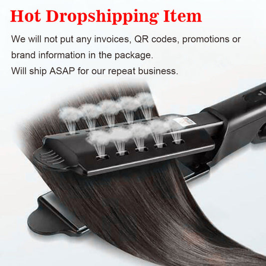 Hair straightening tool with hair extensions on a white background, featuring text about dropshipping.