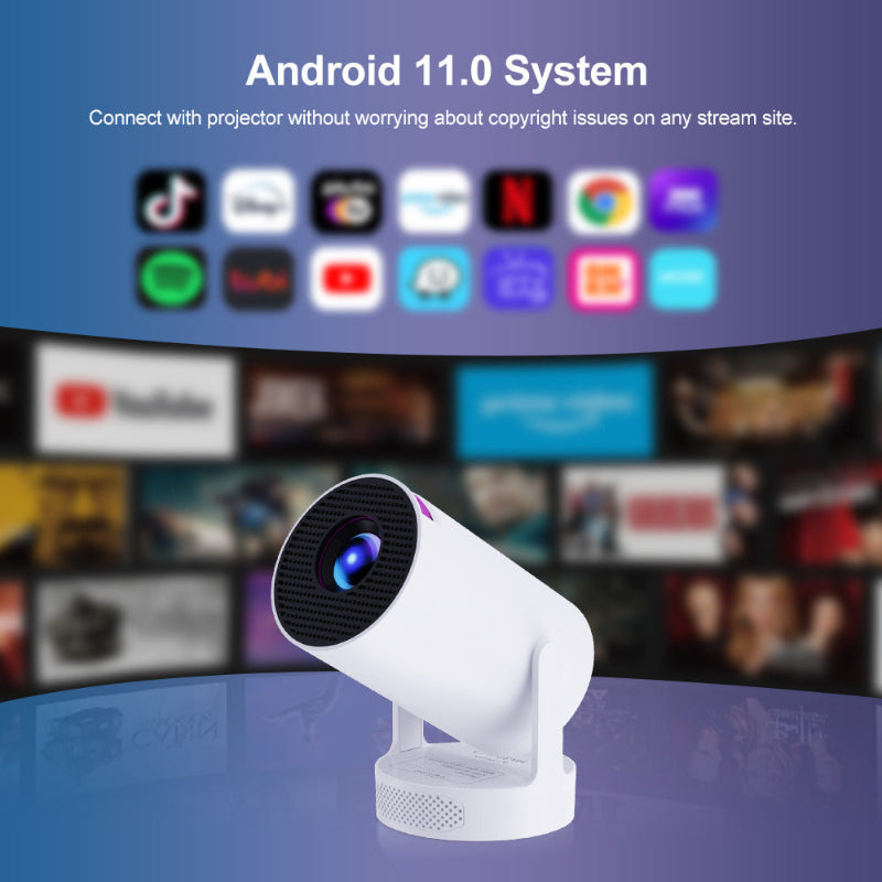 White mini HD projector with front lens and adjustable stand