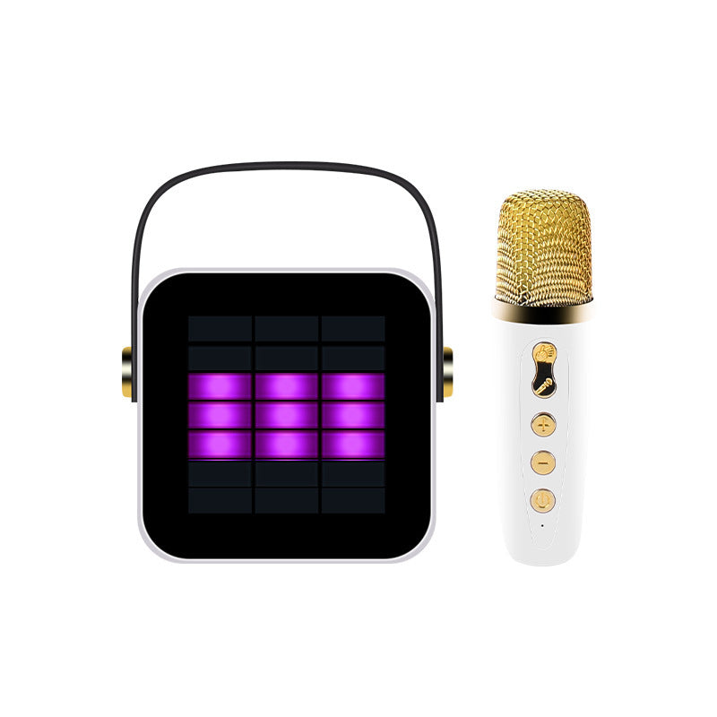 Portable speaker with LED display and white mesh handheld microphone