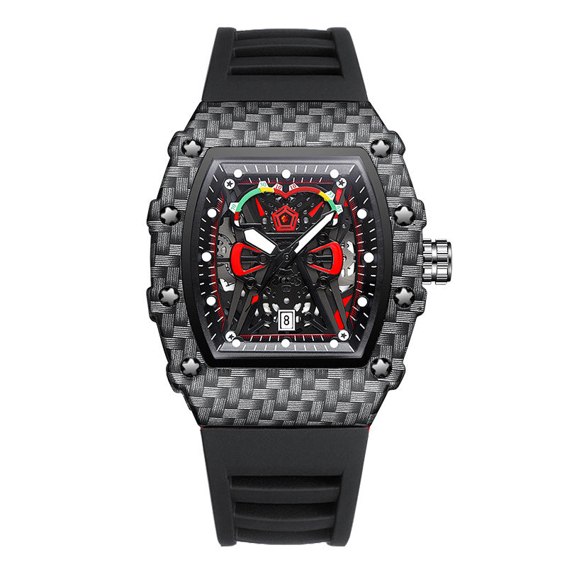 Quartz wristwatch with black carbon-fiber case, black silicone band, red skeleton dial.