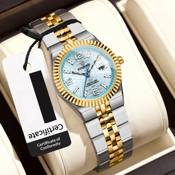 Women’s waterproof stainless steel elegance watch with light-blue dial and gold link accents