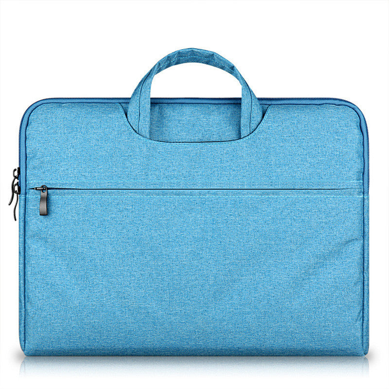 Blue laptop bag with top handle and front zipper pocket
