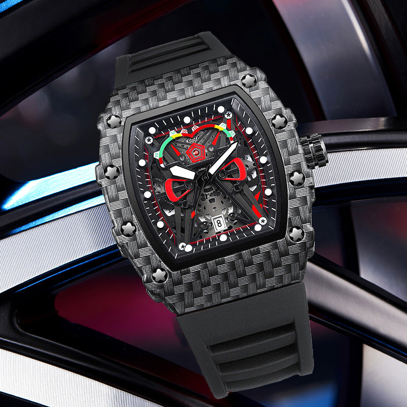 Men's quartz wristwatch, black case with black silicone strap and red-accent dial.