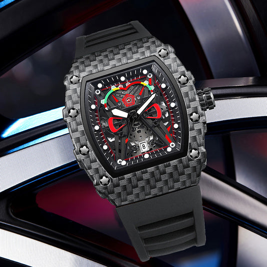 Luxury watch with carbon fiber design on a reflective surface