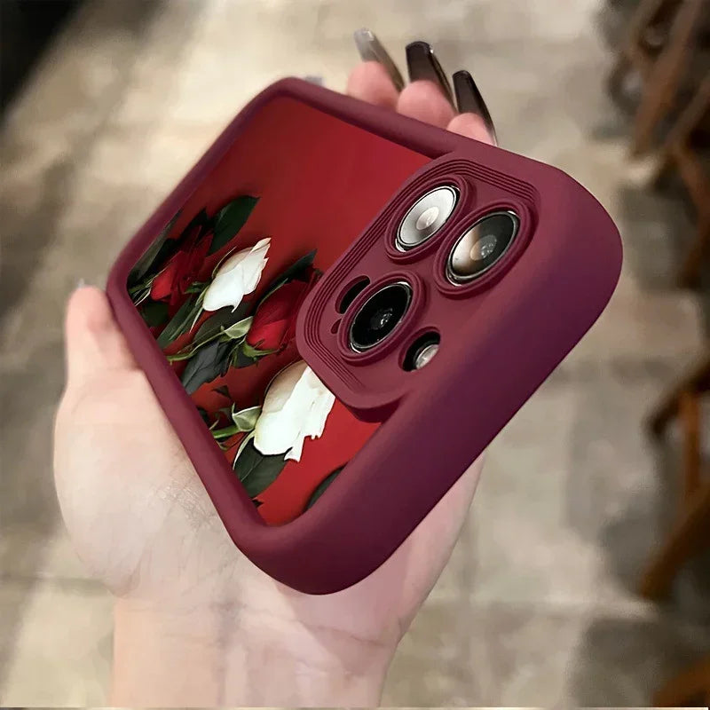 Wine red rose TPU phone case with camera cutouts and side buttons