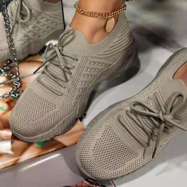 Khaki beige thick-sole dad sneakers with lace-up front and breathable knit upper