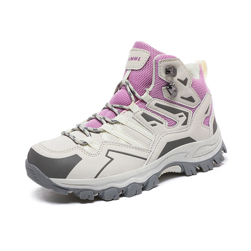 White and purple high-top hiking sneakers with lace-up closure and treaded sole
