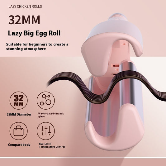 Product packaging for a 32MM Lazy Big Egg Roll with features listed on a pink background.
