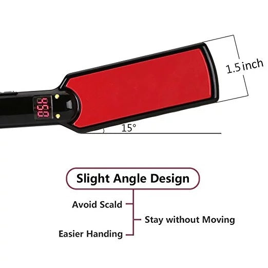 Red handheld device with digital display and angle design features on a white background