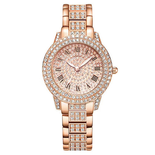 Rose gold watch with diamond accents on a white background