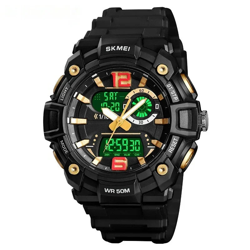 Men's sports digital-analog watch, black case with green and red digital screens