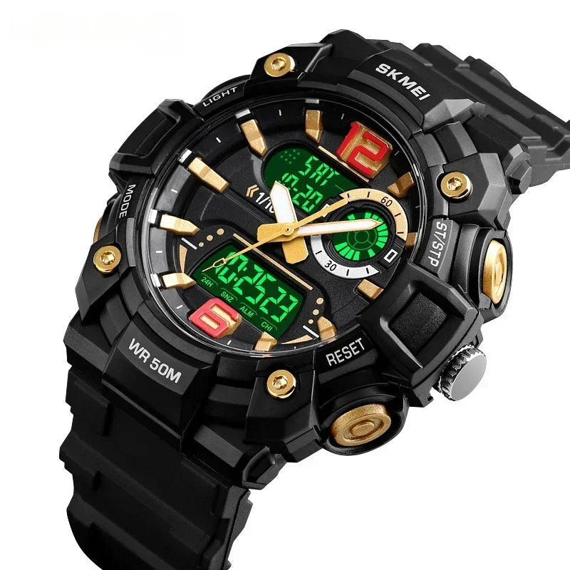 Men's sports digital-analog watch, black case with gold accents and green/red dial