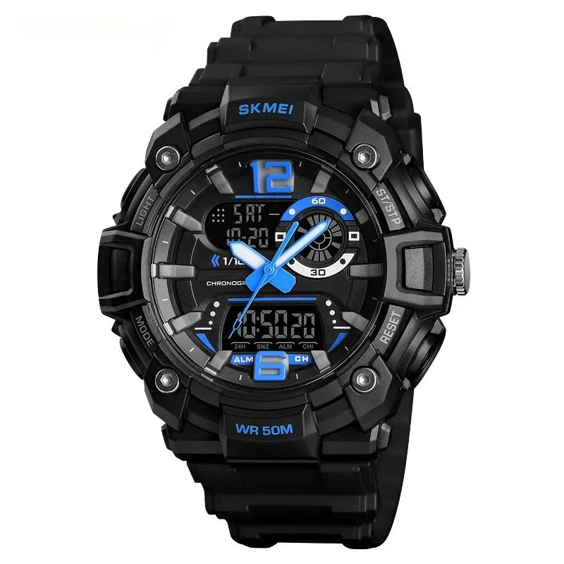 Men's sports digital-analog watch, black case with blue dial accents and digital display