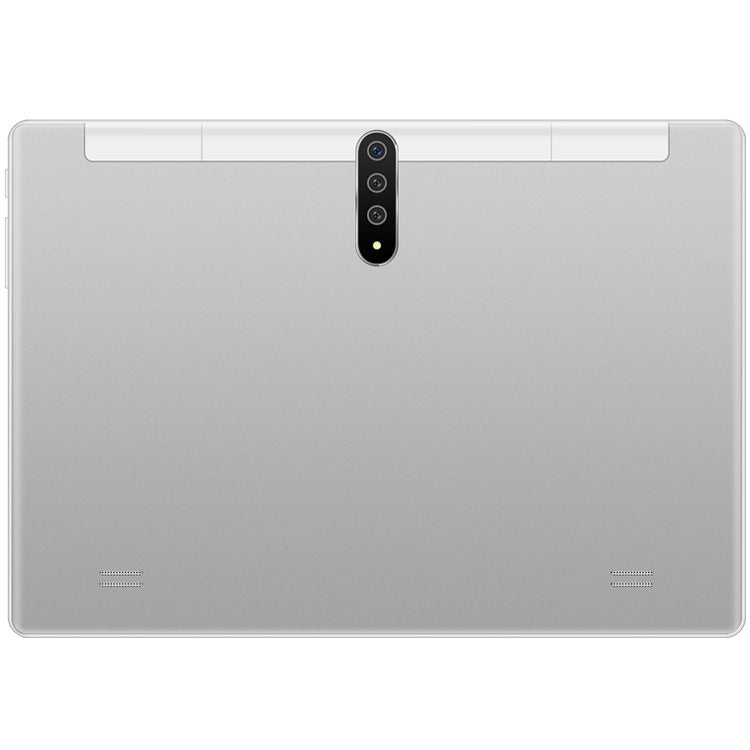 Silver tablet device on a white background
