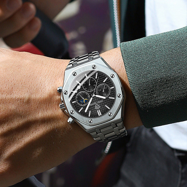 Men's multi-functional quartz watch on wrist with silver-tone case and white multi-dial face
