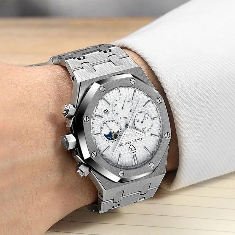Men's multi-functional quartz watch on wrist with silver-tone case and white textured dial