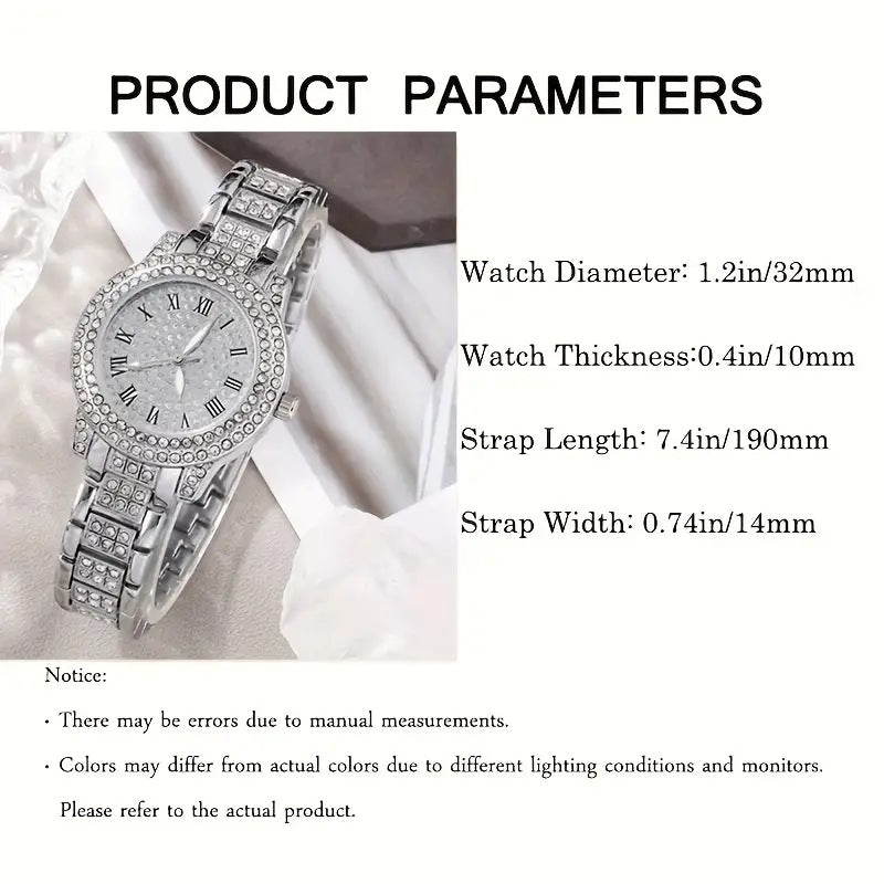Women’s silver crystal wristwatch with rhinestone bezel and matching link bracelet band