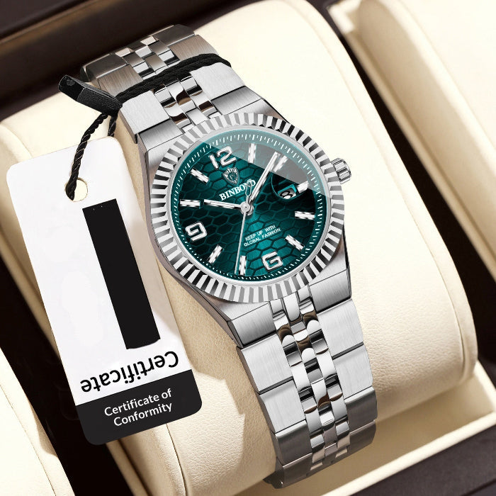 Women’s waterproof stainless steel elegance watch with green dial and silver metal bracelet