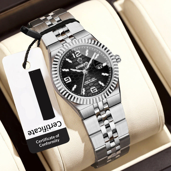 Women’s waterproof stainless steel elegance watch with black dial and silver metal bracelet