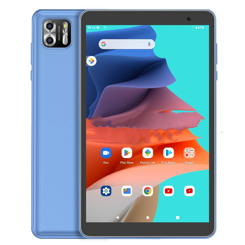 Blue 8-inch eight-core tablet with front display and rear cameras