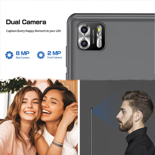 Smartphone with dual camera setup and images of people using the phone.
