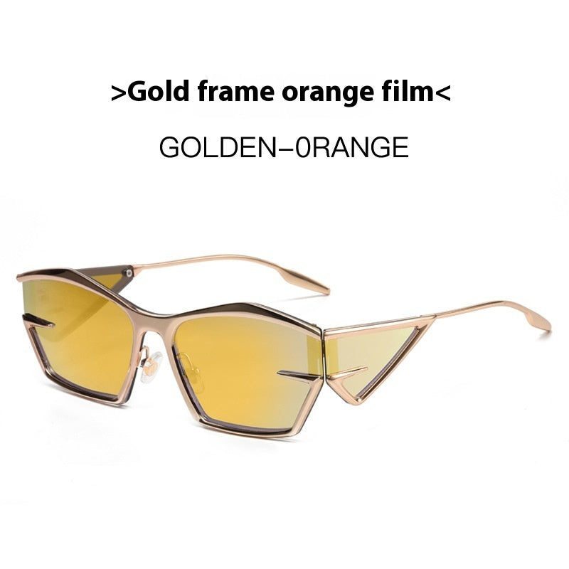Gold-framed sunglasses with yellow-orange tinted lenses and angular full rims