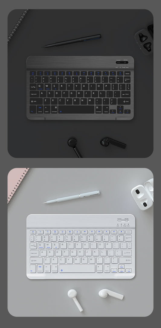 Top-down view of a keyboard with accessories on a dark surface, followed by a similar setup on a light gray surface.