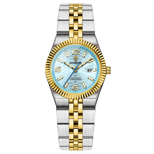 Two-tone silver and gold watch with a blue face on a white background
