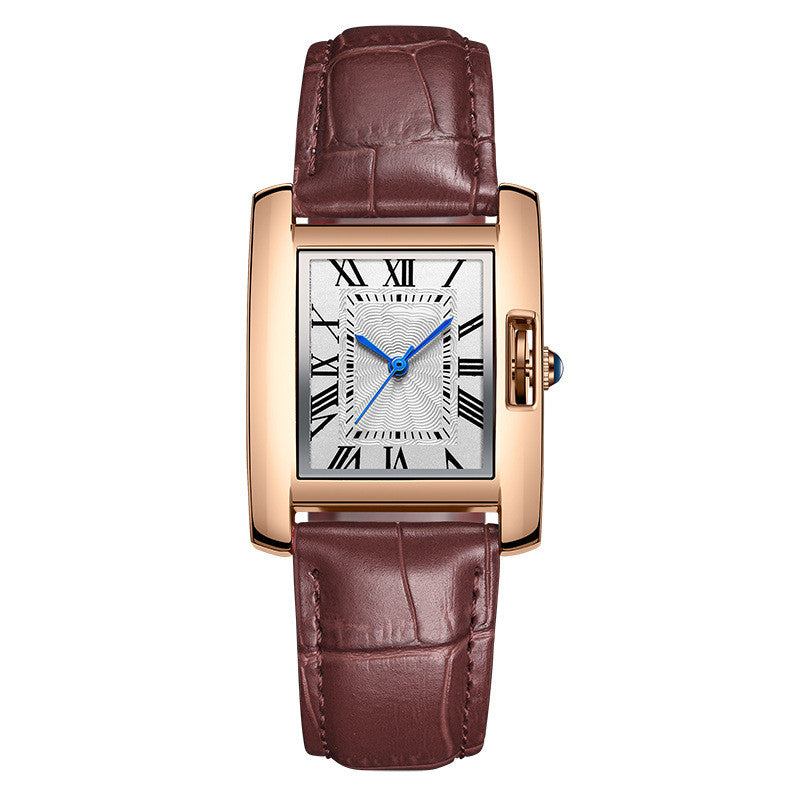 Rectangular quartz leather watch with brown strap, rose gold case, Roman numeral dial