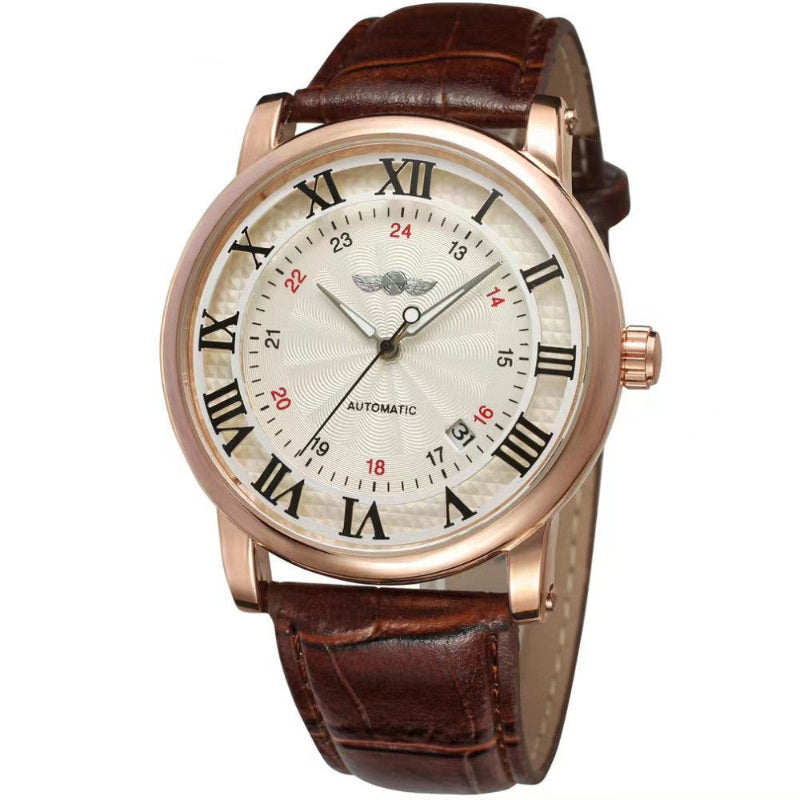 Rose-gold mechanical watch with cream dial and Roman numerals, brown leather strap.