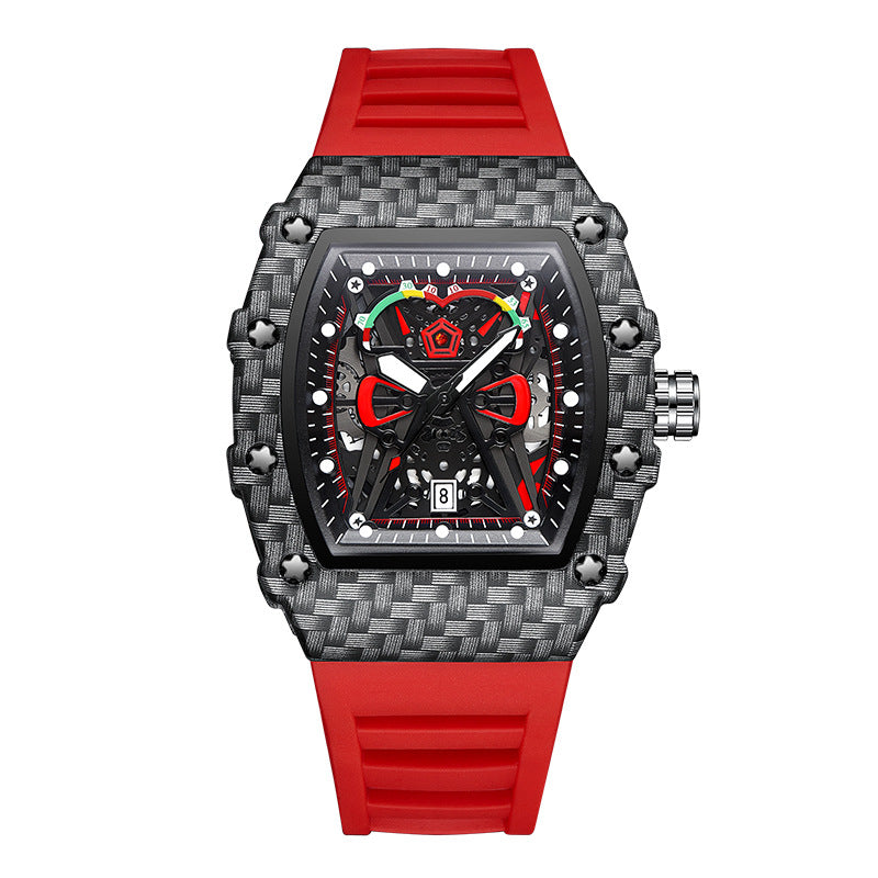 Quartz wristwatch with black carbon-fiber case, red silicone band, red skeleton dial.