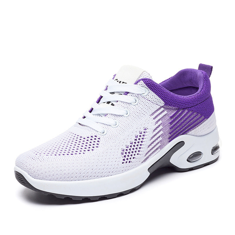 Breathable flyknit running shoe, purple and white lace-up with oval air-cushion