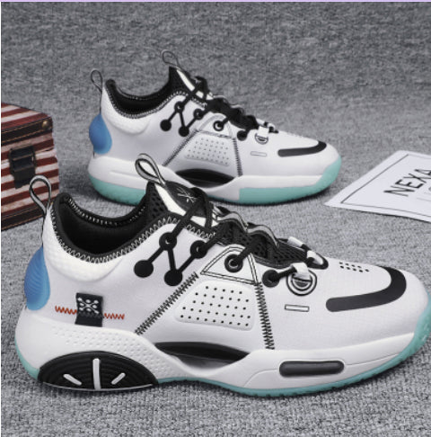 Men's basketball shoes, white and black colorblock with teal outsole and black laces