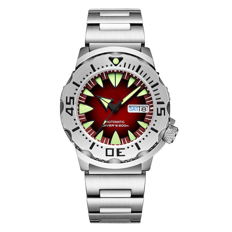 Stainless steel diver watch with red luminous dial and date window