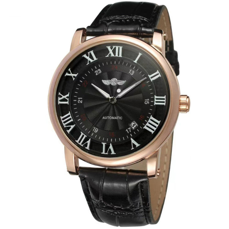 Rose-gold mechanical watch with black dial and Roman numerals, black leather strap.