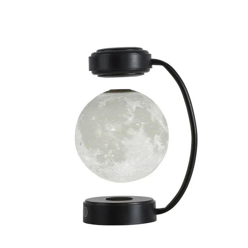Black moon LED night light with frosted globe and curved cable-style frame.