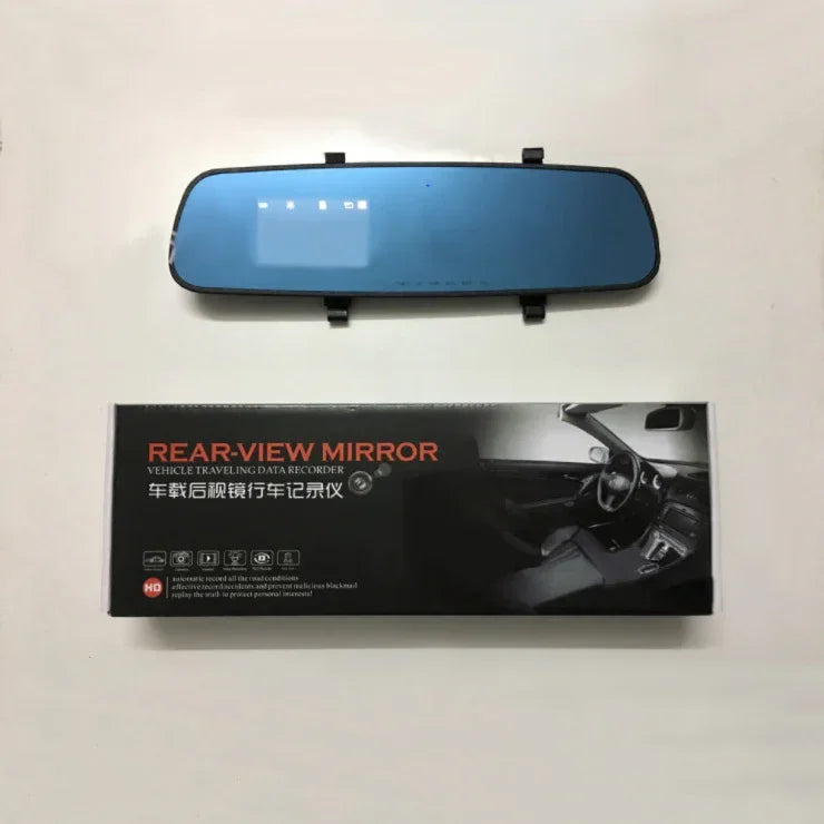 Blue rearview mirror dash cam with black mount brackets and front screen display
