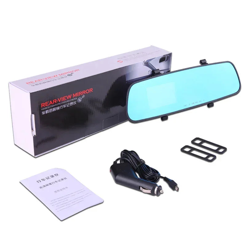 Blue rearview mirror dash cam kit in box with power cable and mounting bracket
